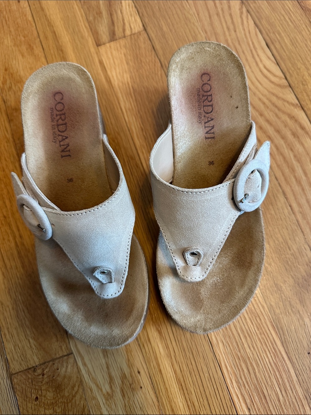 Cordani Beige Suede Thong Mules with Buckle
